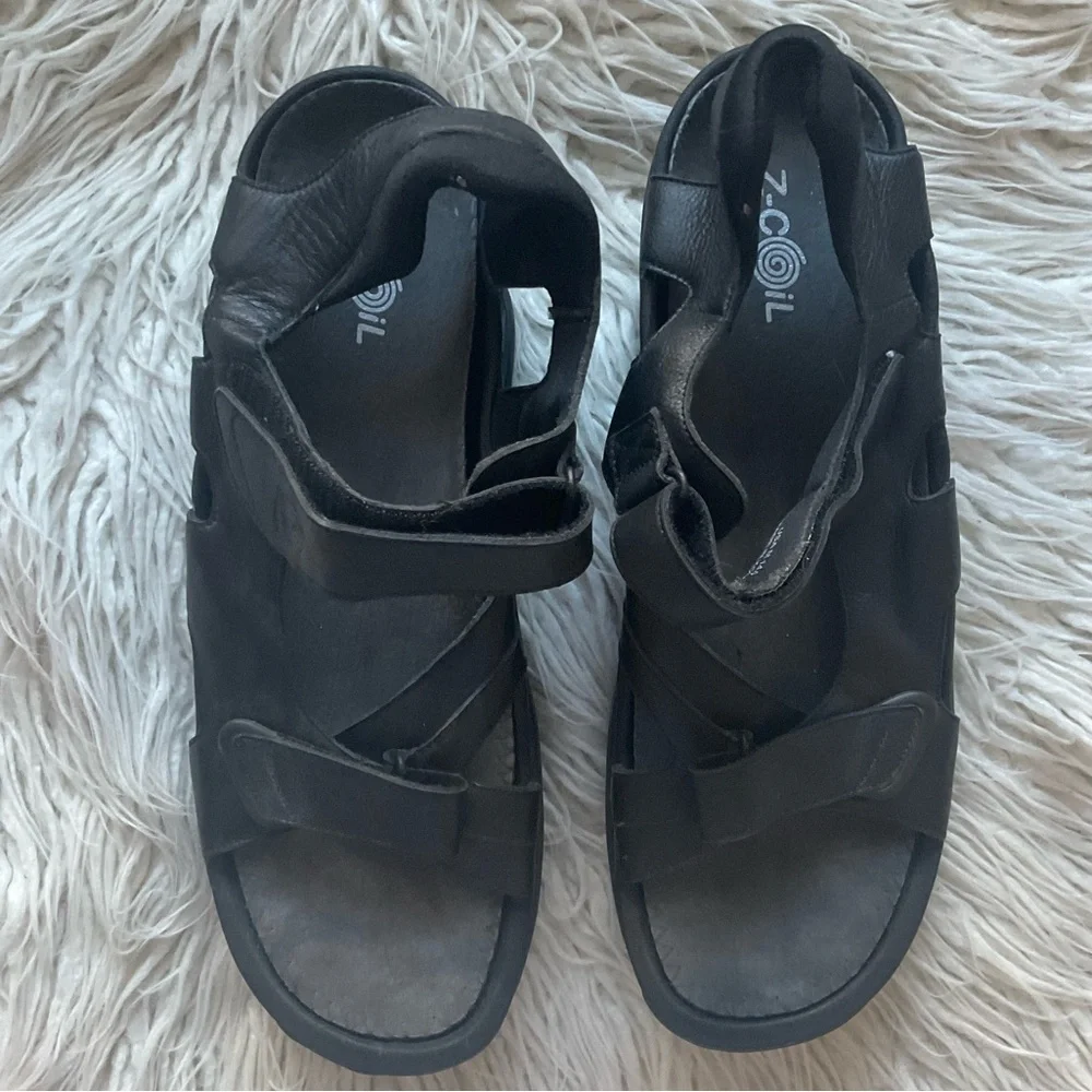 Z-Coil Sidewinder Pain Relief Black Leather Open Toe Spring Heel Sandal Size 14